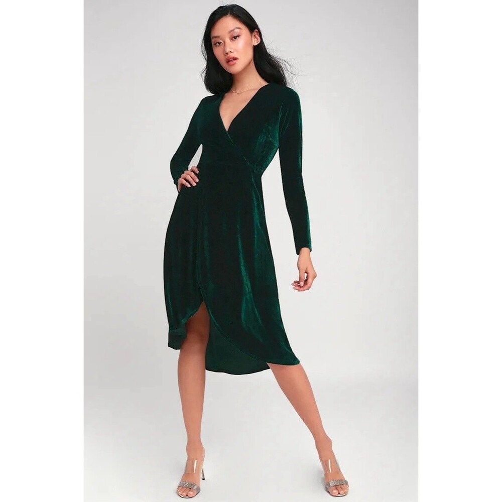 Lulus Emerald Green Velvet Wrap Midi Dress Long Sleeve Stretch Cocktail Medium